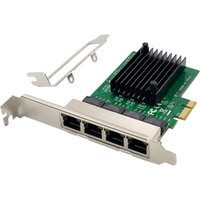 Microconnect PCIe x1 network card RL8111F with four Ethernet ports and black heatsink on green circuit board.