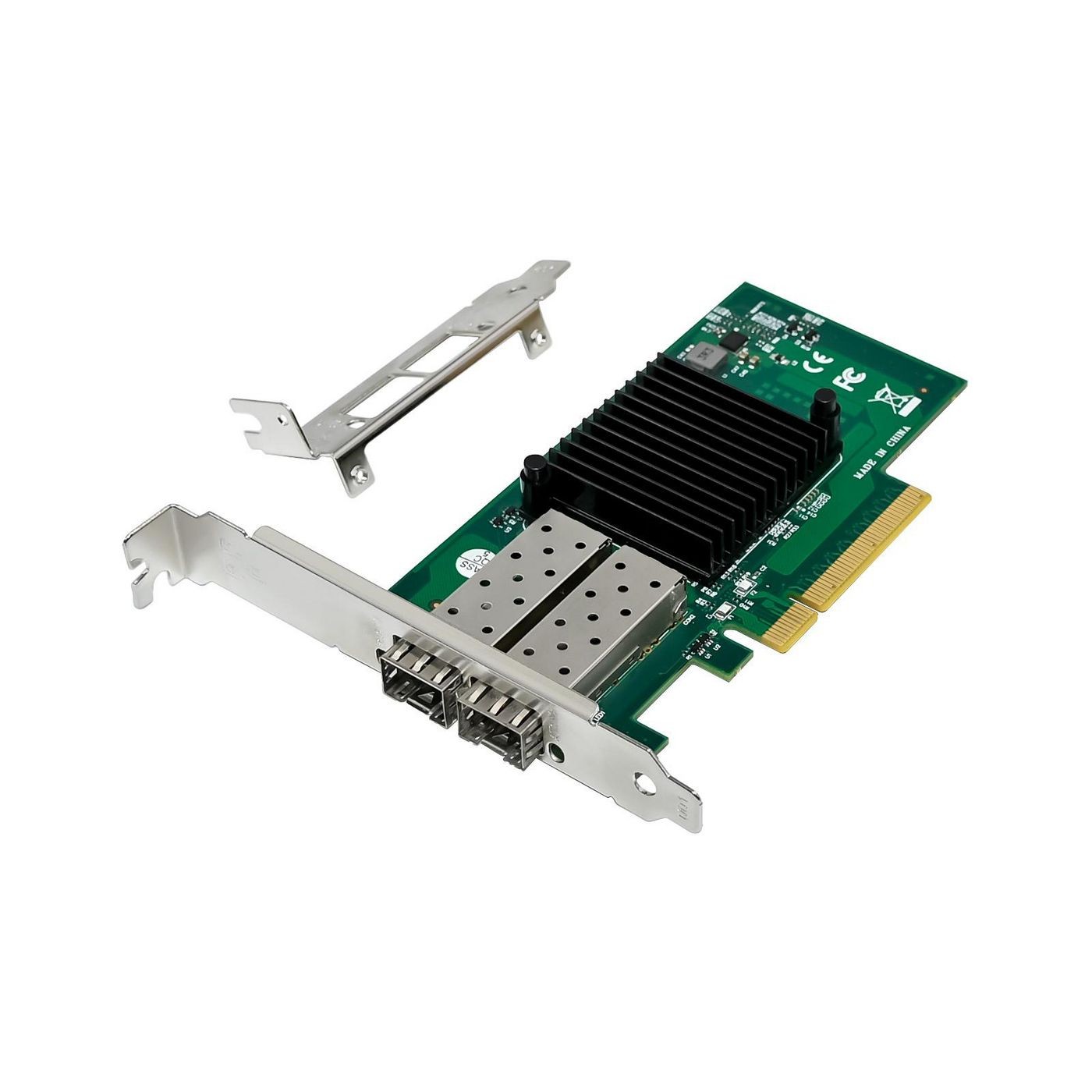 Green printed circuit board with a black heatsink, dual SFP+ ports, and a PCIe x8 connector, designed for high-speed networking.