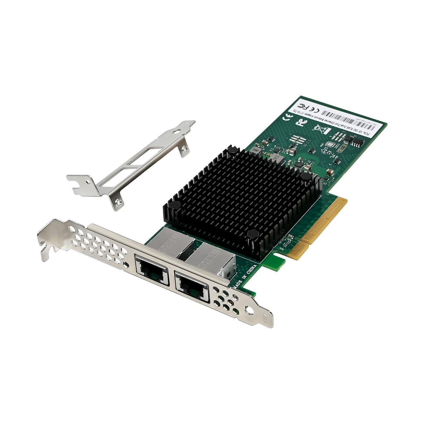 Microconnect Network Card PCIe X8 X7102L with a green circuit board, two Ethernet ports, a black heatsink, and a metal bracket for installation.