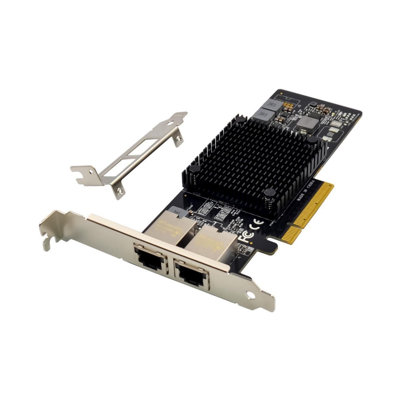Black PCIe X8 network card with dual RJ45 ports, a large heatsink, and a gold connector, accompanied by a metal bracket for installation.