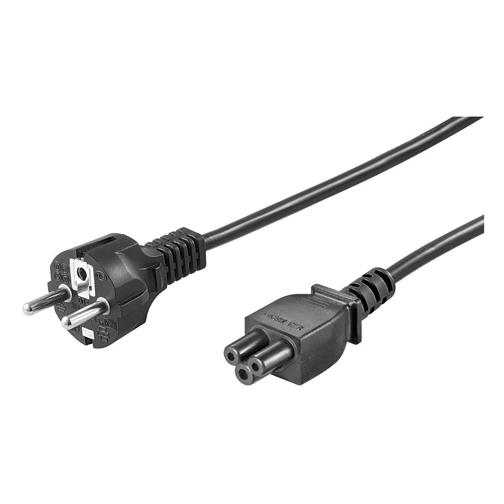 Black power cable featuring a CEE7/7 plug on one end and a C5 coupler on the other, measuring 1 meter in length, designed for reliable electrical connections.