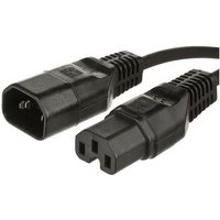 Black Microconnect power cable, 1m length, with C14 and C15 couplers, ribbed connectors for grip.