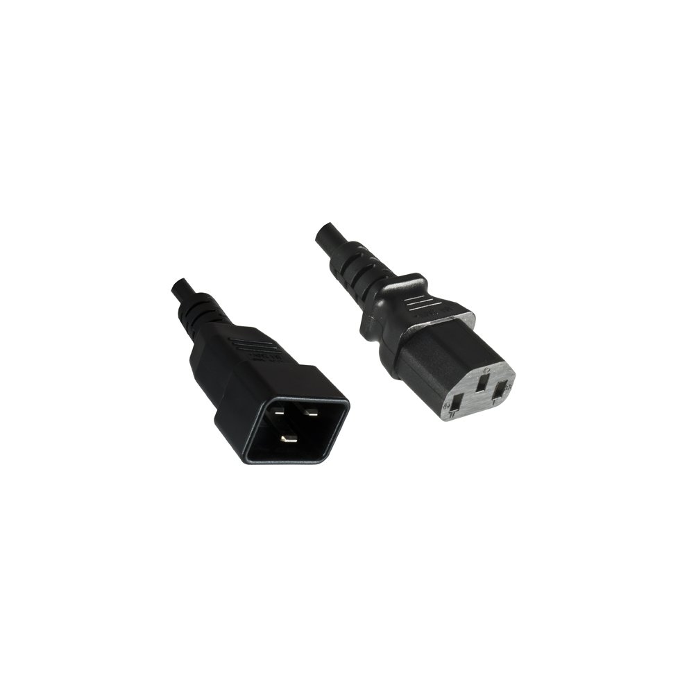 Black 0.5-meter power cable featuring a C13 coupler on one end and a C20 coupler on the other, made of durable plastic with a sleek design.