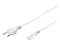 White 10-meter power cable featuring a C7 coupler, with a two-prong plug on one end and a rounded connector on the other, made of durable plastic material.