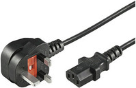 Black 1-meter power cable featuring a Type G power plug on one end and a C13 connector on the other, designed for reliable electrical connections.