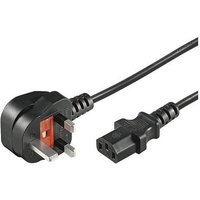 Black 2m power cable with BS 1363 plug and C13 coupler, featuring a three-pin UK plug and standard IEC connector.