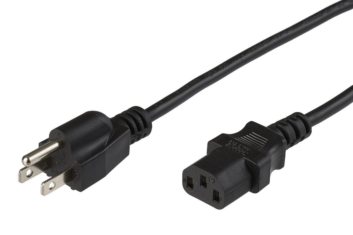 Black power cable with a NEMA 5-15P plug on one end and a C13 coupler on the other, measuring 4 meters in length, made of durable plastic material.