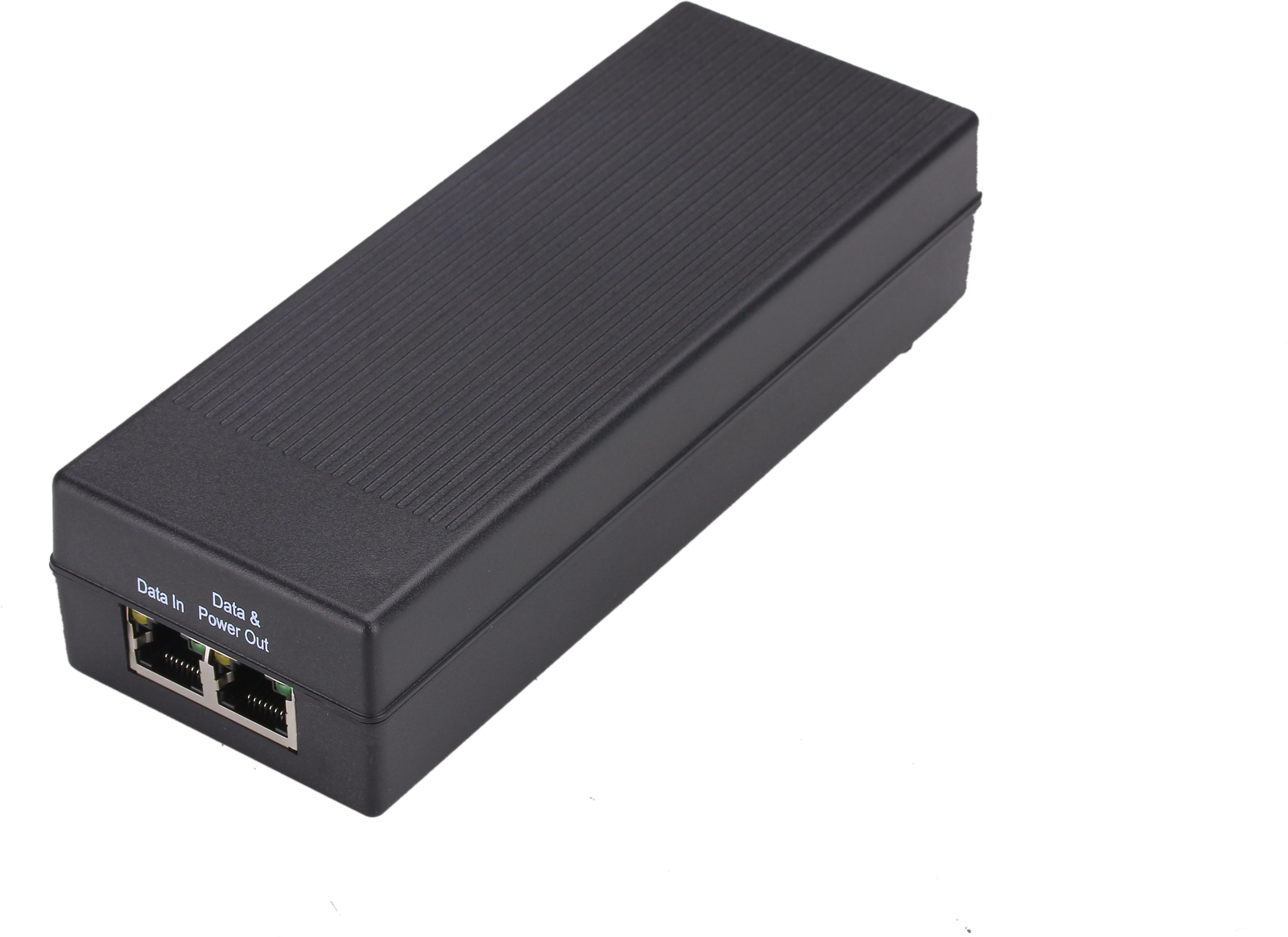 Black plastic PoE adapter with a ribbed surface, featuring two Ethernet ports labeled "Data In" and "Power Out," designed for 10 Gigabit Ethernet at 48 V.