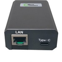 Black Microconnect PoE adapter with LAN port and USB-C, compact rectangular design with logo on top.