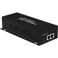 Black Microconnect PoE adapter with two Ethernet ports, ventilation slots, and white logo on top.