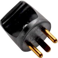 Black Microconnect round power plug with three gold prongs and a smooth, glossy finish.