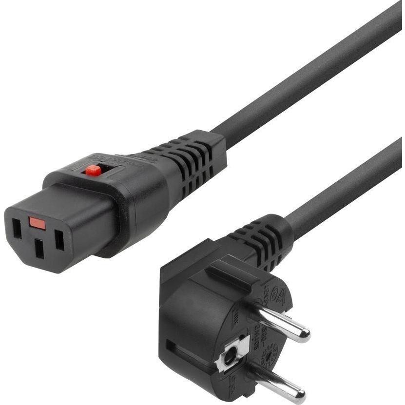 Black power cord with Schuko CEE 7/7 male plug on one end and a female connector with a red switch on the other, featuring a durable plastic construction.