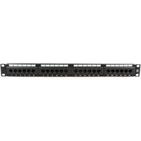 Microconnect PP-004 patch panel 1U, black with 24 ports and labeled slots, designed for network cable management.