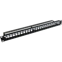Black Microconnect PP-004BLANK 1U patch panel with multiple empty ports and mounting brackets.