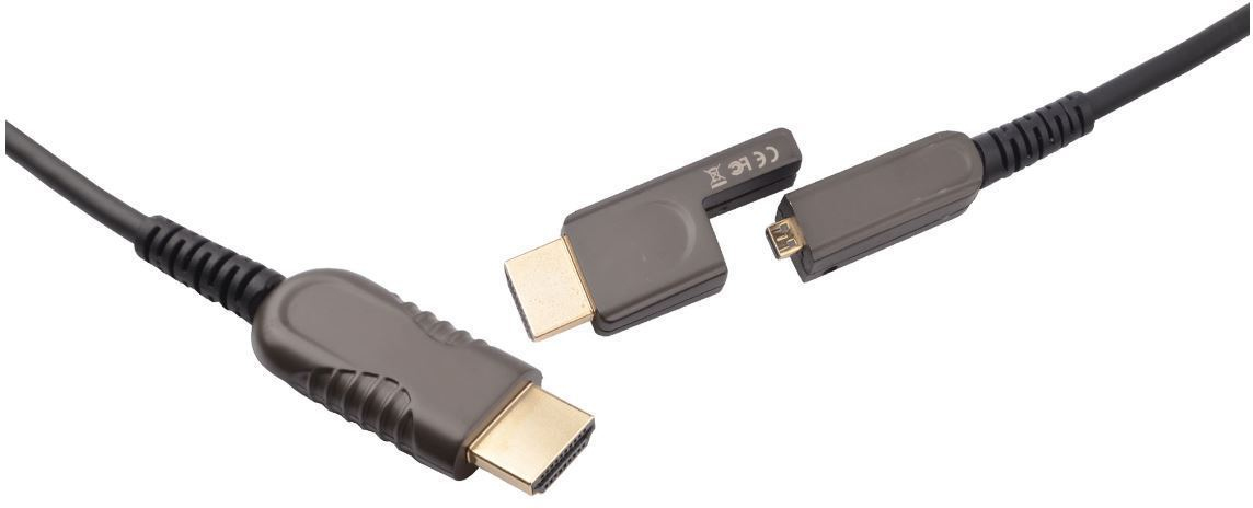 Premium Optic HDMI a-D cable by Microconnect featuring a flexible black cable with gold-plated connectors and a compact design for easy connectivity.