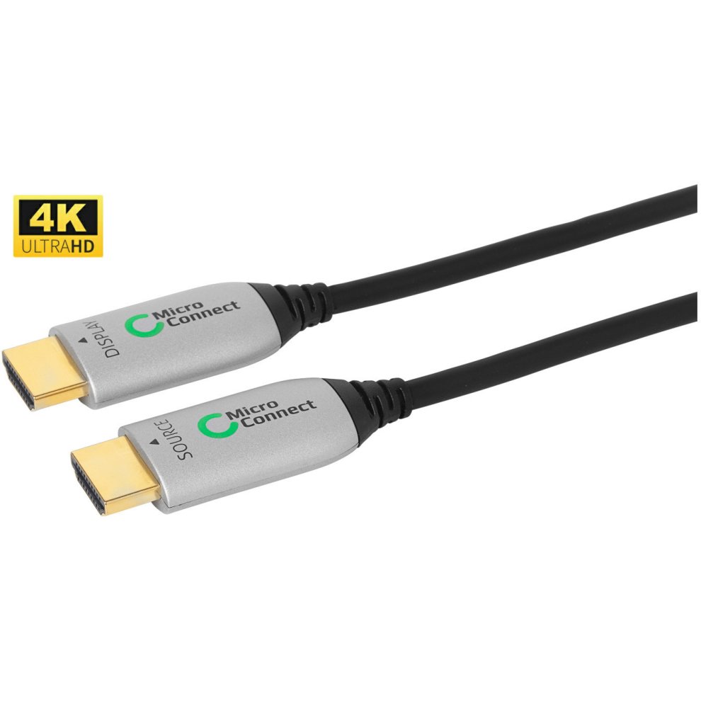 Black 15m Microconnect Premium Optic HDMI cable featuring gold-plated connectors, labeled "SOURCE" and "DISPLAY," designed for 4K Ultra HD video transmission.