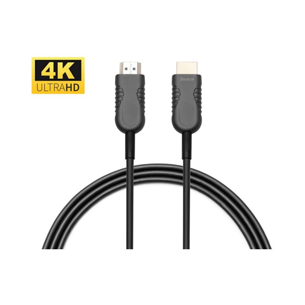 Black 25m Microconnect Premium Optic HDMI cable with sturdy connectors, featuring a 4K Ultra HD logo, designed for high-quality video and audio transmission.