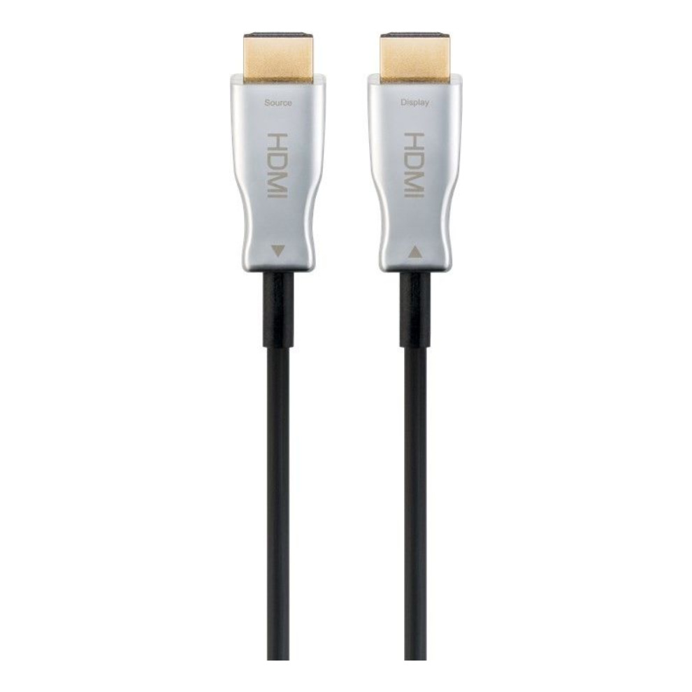 Premium black HDMI cable with gold-plated connectors, featuring a sleek design and labeled ends for source and display, measuring 30 meters in length.