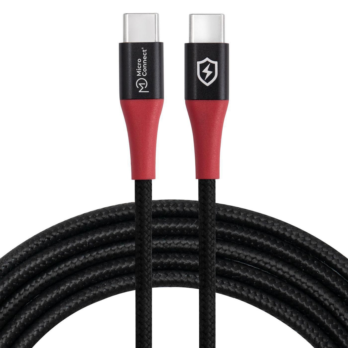 Black braided charging cable with red accents, featuring USB-C connectors on both ends, and branded with Microconnect logo and a shield symbol for durability.