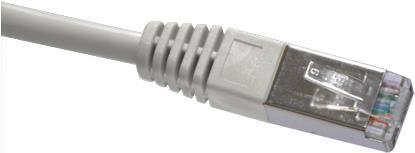 Grey 25-meter Cat6a S/FTP networking cable with a sturdy plastic connector, featuring a transparent casing that reveals internal wiring.