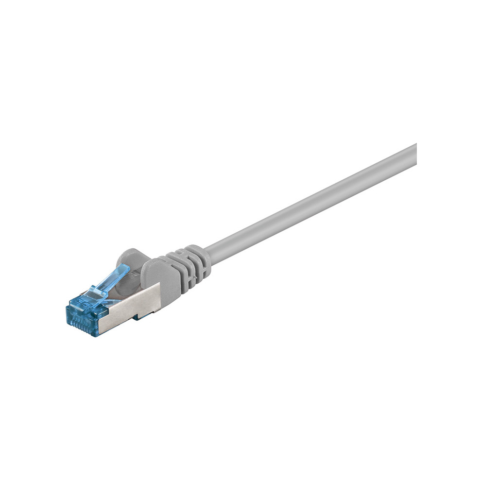 Grey 50-meter Cat6a S/FTP networking cable with a blue connector, featuring a sturdy design for enhanced data transmission and reduced interference.