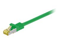 Green 0.5 meter Cat7 S/FTP networking cable with gold-plated connectors, featuring a flexible design suitable for high-speed data transmission.