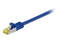 Blue 1-meter Cat7 S/FTP networking cable with a yellow connector, featuring a sturdy design and high-performance shielding for enhanced data transmission.