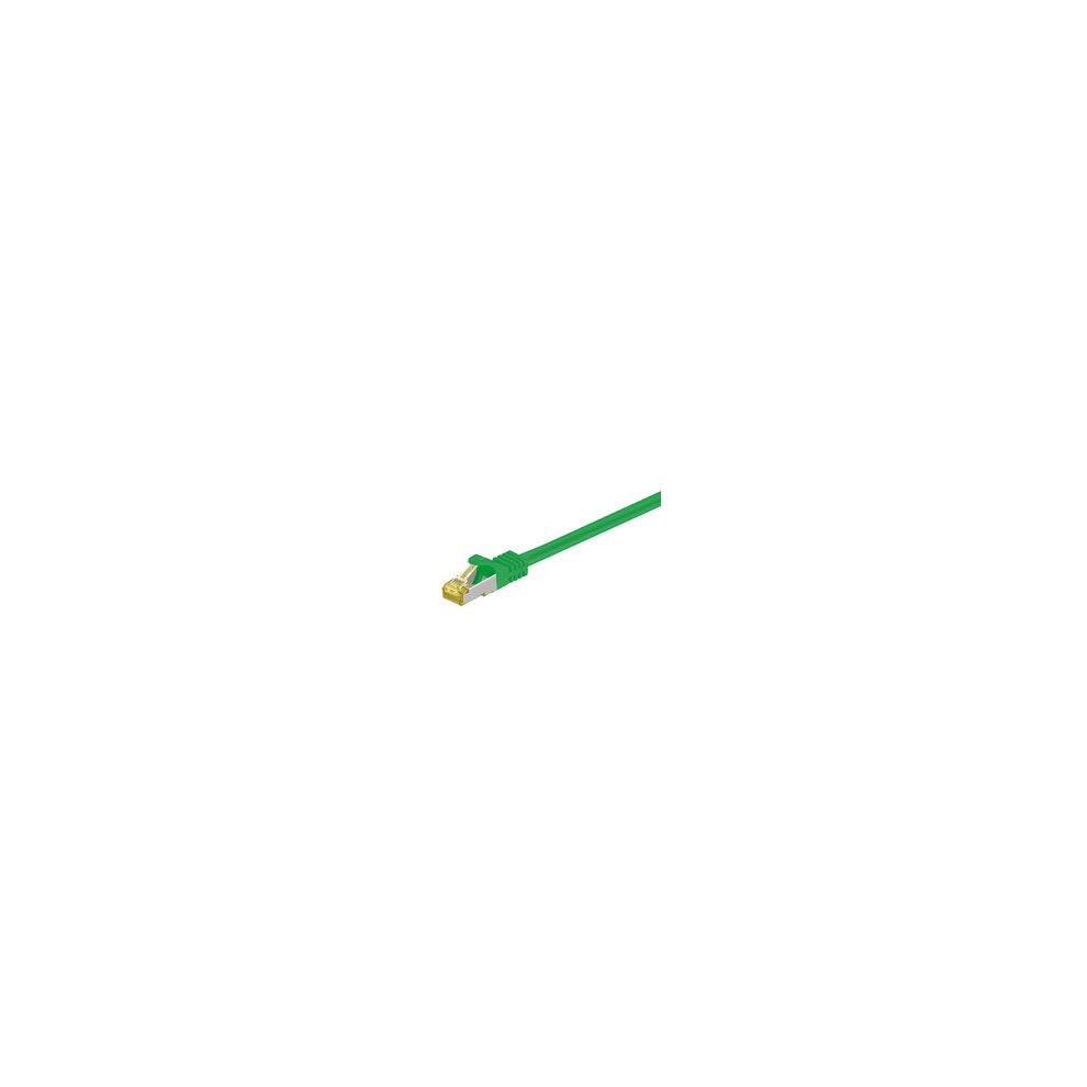 Green 1-meter Cat7 S/FTP networking cable with a sturdy plastic connector, featuring gold-plated contacts for enhanced connectivity and performance.