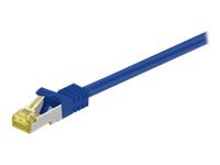 Blue 10-meter Cat7 S/FTP networking cable with a yellow connector, featuring a sturdy design for high-speed data transmission.