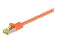 Orange 10-meter Cat7 S/FTP networking cable by Microconnect, featuring a sturdy design with a clear connector and gold contacts for enhanced performance.