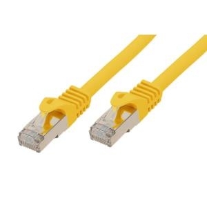 Yellow 10-meter Cat7 S/FTP networking cable featuring transparent connectors with metal shielding and molded strain relief for durability.