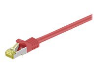 Red 15-meter Cat7 S/FTP networking cable featuring a sturdy connector with a transparent clip and gold-plated contacts for enhanced connectivity.
