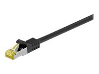 Black 15-meter Cat7 S/FTP networking cable with a robust design, featuring a yellow connector and a sturdy black sheath for enhanced durability and performance.