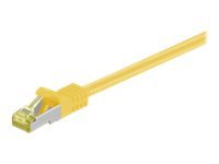 Yellow 15-meter Cat7 S/FTP networking cable with a transparent connector, designed for high-speed data transmission and enhanced shielding.