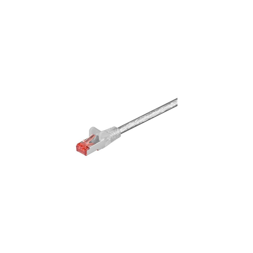 Transparent 0.25 m networking cable with a silver braided exterior, featuring a red connector at one end and designed for Cat6 S/FTP performance.