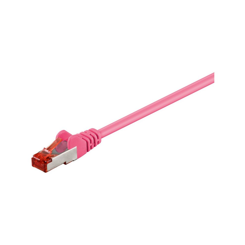 Pink 10-meter Cat6 S/FTP networking cable with a sleek design, featuring a transparent connector and a durable, flexible exterior.
