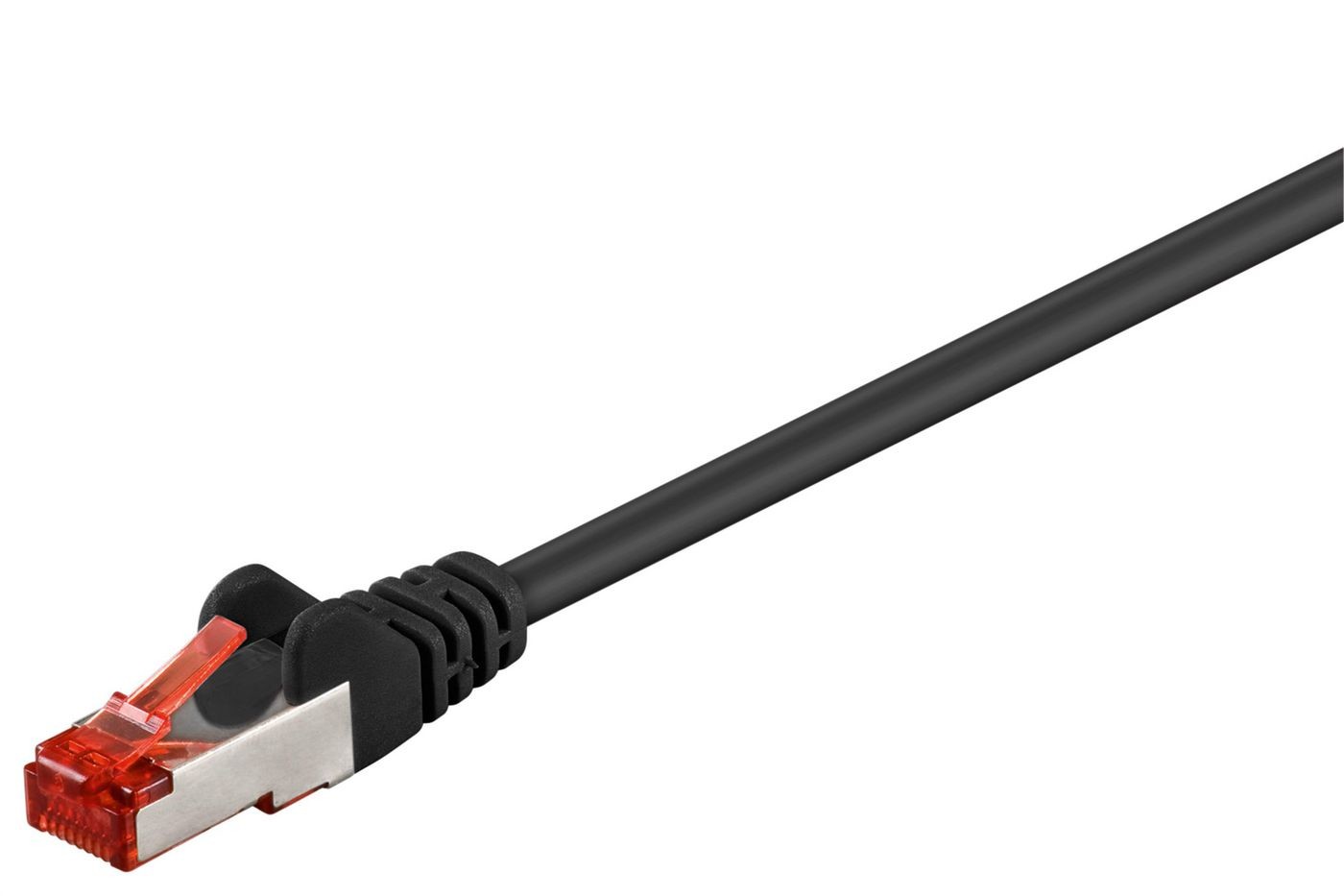 Black networking cable, 25 meters long, featuring S/FTP (S-STP) design, with a transparent red connector and a durable plastic casing.