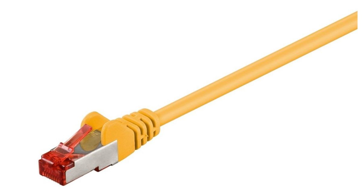 Yellow 50-meter Cat6 S/FTP networking cable by Microconnect, featuring a sturdy design with a clear plastic connector and a red tab for easy insertion.