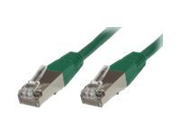 Green Microconnect STP505G networking cable, 5 meters long, featuring two RJ45 connectors with metal shielding for enhanced durability and performance.