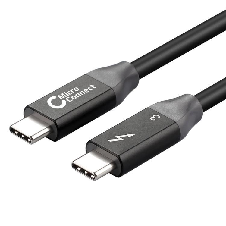 Black Microconnect TB3005 Thunderbolt cable, 0.5 meters long, featuring USB-C connectors, with a lightning bolt icon indicating 40 Gbit/s data transfer speed.