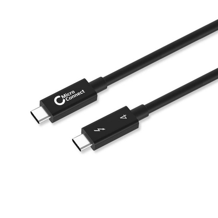 Black Microconnect TB4020 Thunderbolt cable, 2 meters long, supports 40 Gbit/s, featuring USB-C connectors with Thunderbolt icons on each end.