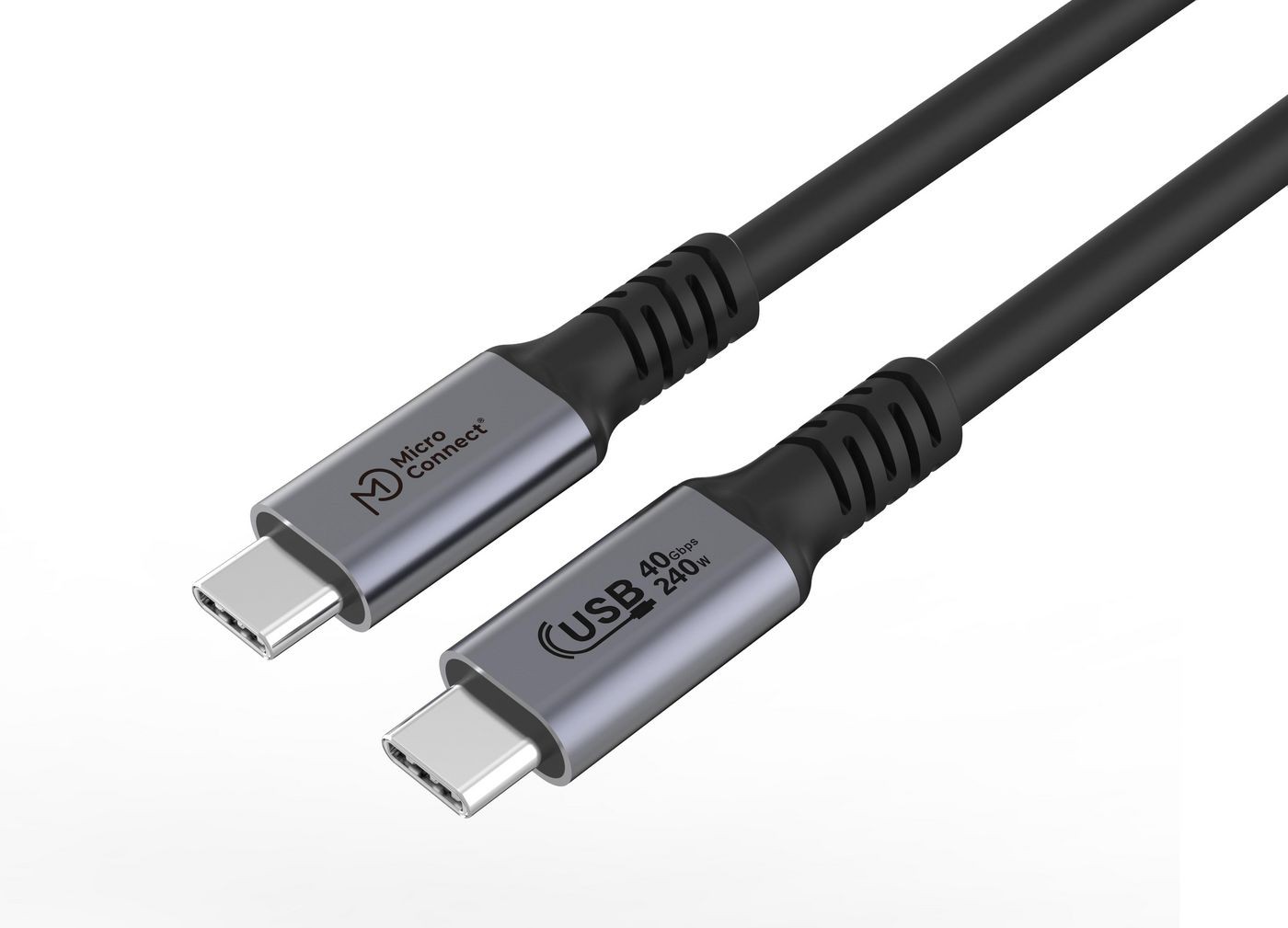 Black USB-C cable, 0.25 meters long, featuring metallic connectors with engraved logos and specifications, designed for high-speed data transfer.