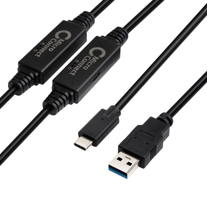 Black Microconnect USB 3.1 cable, 10 meters long, featuring a USB Type-C connector on one end and a standard USB Type-A connector on the other, with clear branding on the connectors.