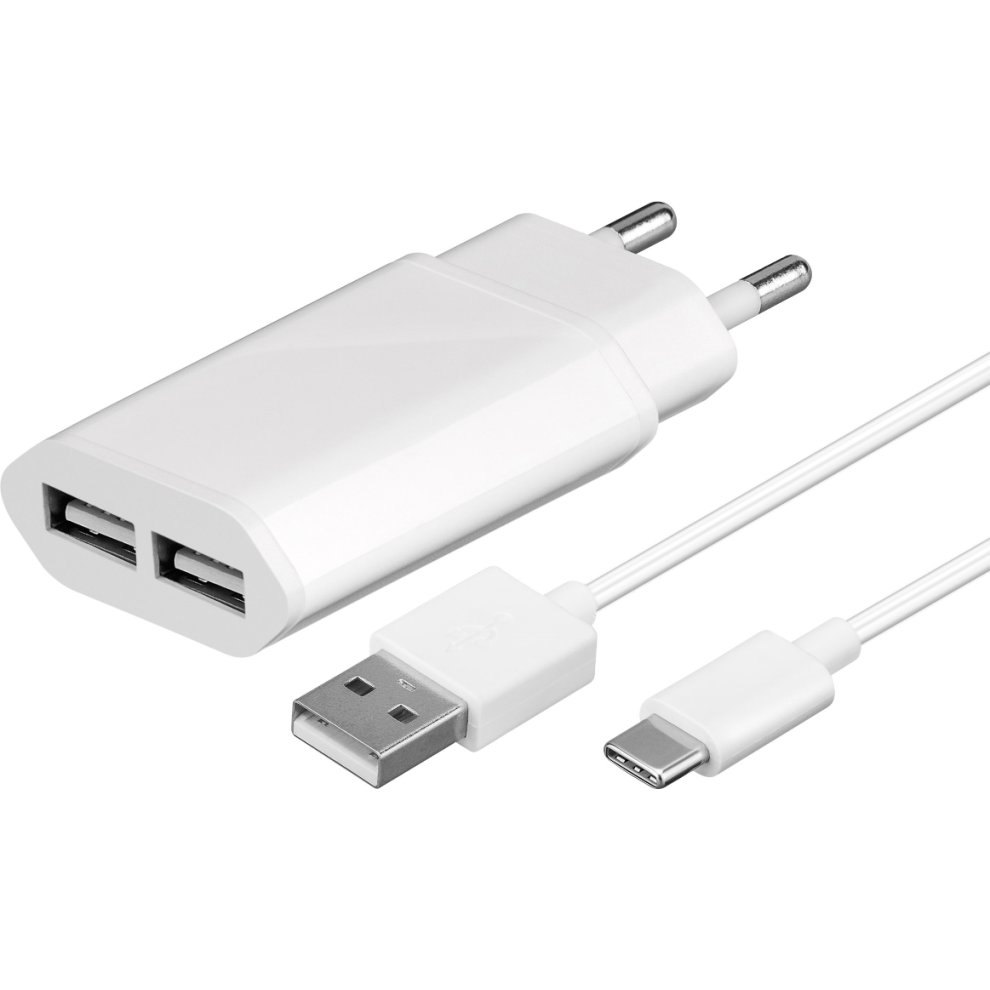 White AC mobile device charger with two USB ports and a USB-C cable, featuring a sleek design and compact size, ideal for charging smartphones.