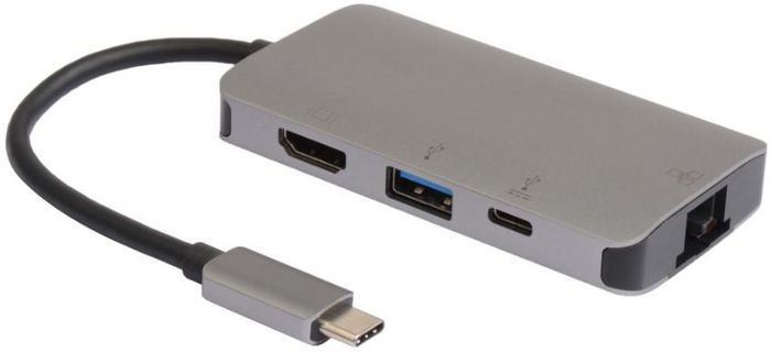 Silver Microconnect USB 3.1 dock with a compact design, featuring multiple ports including HDMI, USB-A, USB-C, and an Ethernet port, connected by a flexible cable.