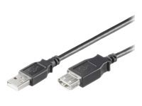 Black USB 2.0 cable, 1 meter long, featuring USB A male connector on one end and USB A female connector on the other, made of durable plastic material.