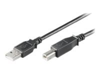 Black Microconnect USB 2.0 cable, 1 meter long, featuring a USB A connector on one end and a USB B connector on the other, made of durable plastic material.
