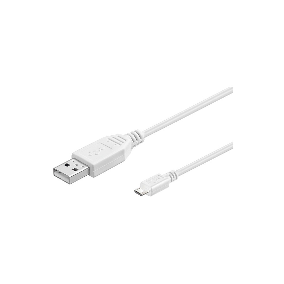 White USB 2.0 cable measuring 0.15 meters with a standard USB-A connector on one end and a Micro-USB connector on the other, featuring a flexible plastic material.