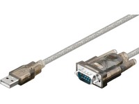 Grey Microconnect USBADB serial cable, 1.8 meters long, featuring a USB 2.0 A connector and a transparent DB9 connector with a metallic housing.
