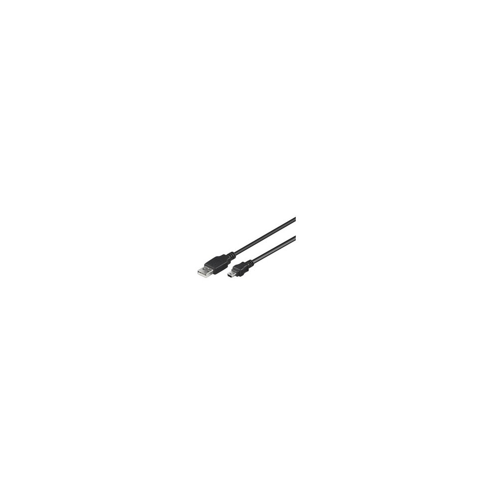 Black Microconnect USB 2.0 cable, 1 meter long, featuring a standard USB A connector on one end and a Mini-USB B connector on the other, designed for data transfer.